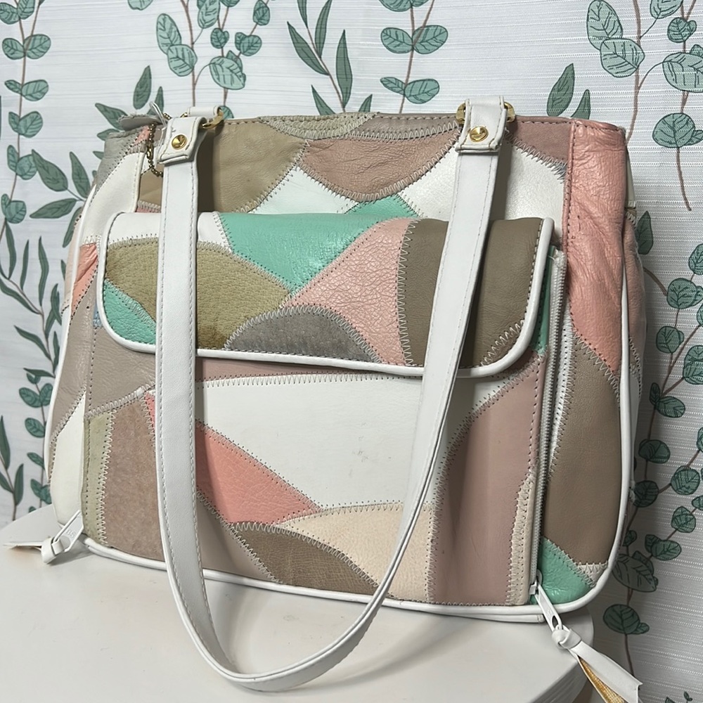 Vintage 80s leather patchwork shoulder purse bag multi color